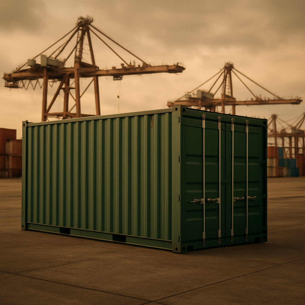 Green shipping container at an export port